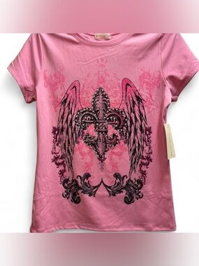 NWT Women's Pink Fleur-de-Lis Wing Graphic Short Sleeve Tee